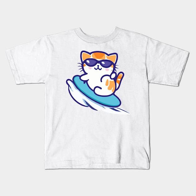 Kawaii Cute Surfing Cat Kids T-Shirt by kawaii creatures